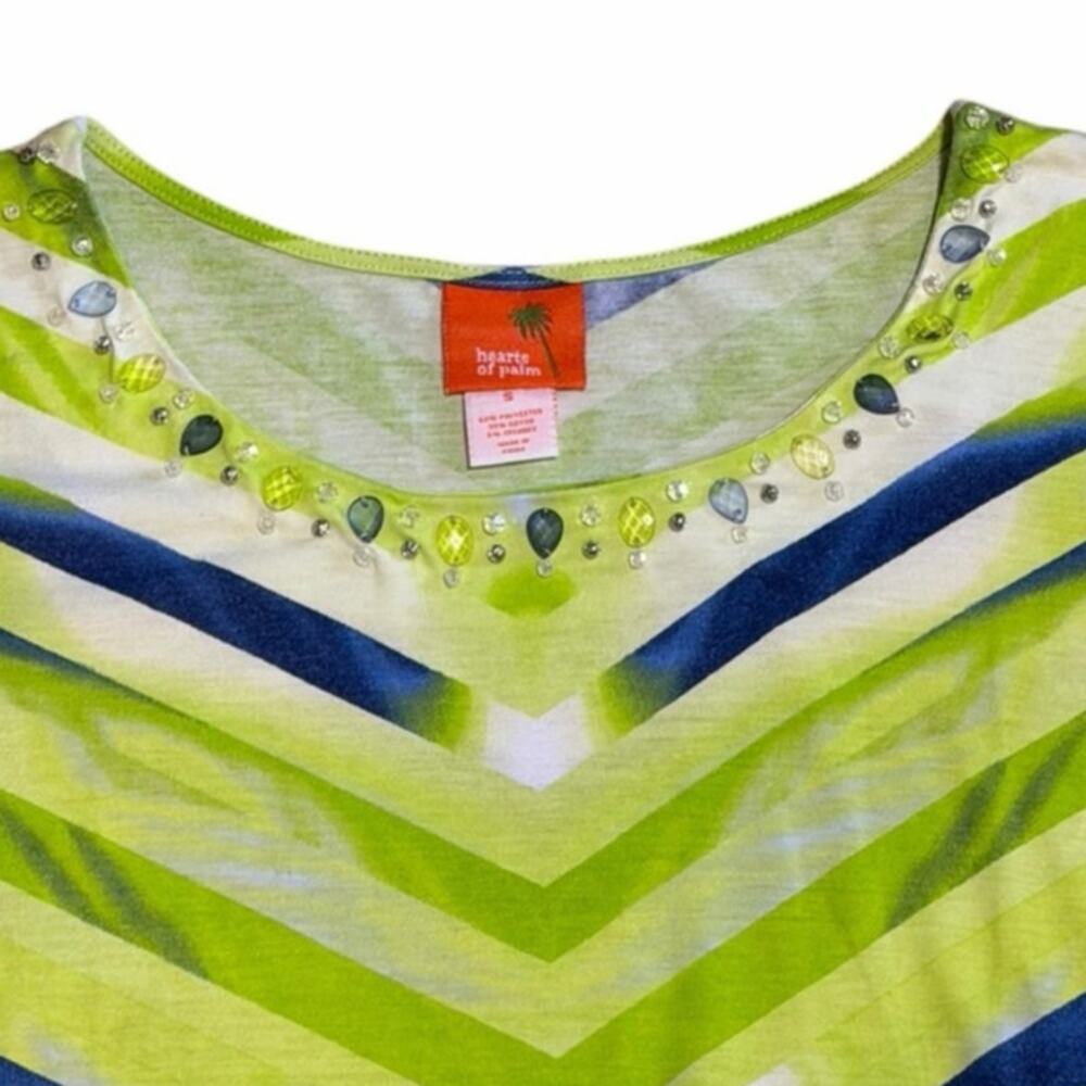 Hearts of Palm Small Green Embellished Chevron Striped Tie Front Tropical Shirt - Picture 3 of 9
